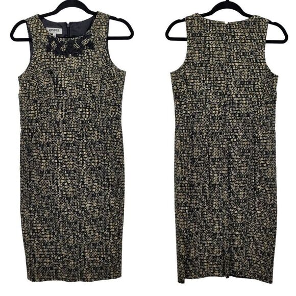 Kasper Geometric Print Sleeveless Sheath Dress 6 Black Brown 3D Ribbon Neckline - Picture 1 of 11